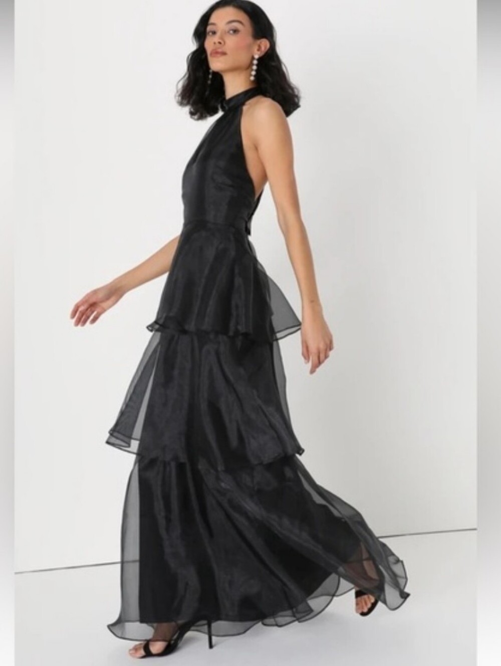 Lulus Perfect Beauty Black Organza Backless Tiered Maxi Dress L